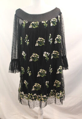 Womens Off the Shoulder Mesh Overlay Embroidered Dress size L Black Sheer Sleeve